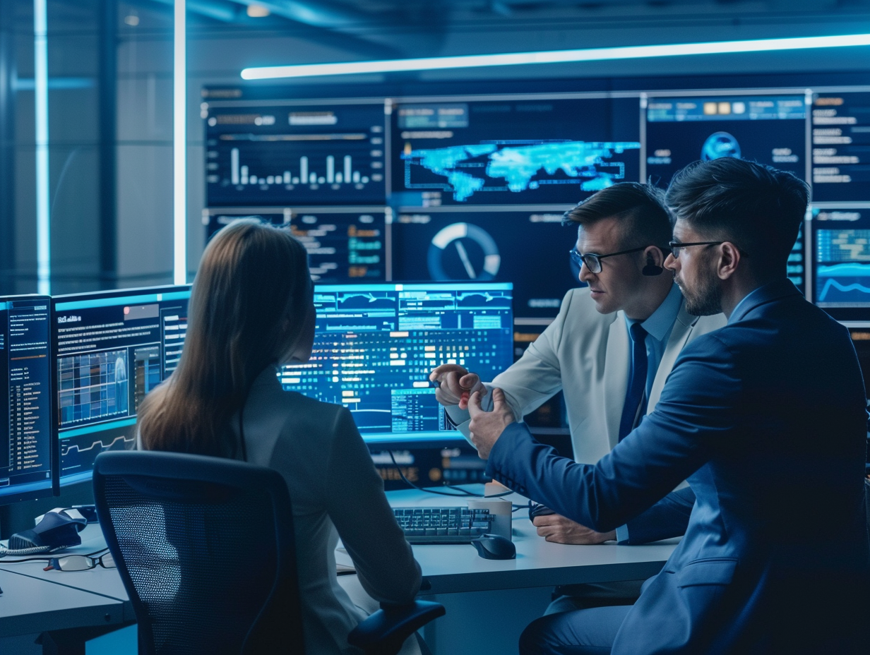 Security operations center team monitoring database activity