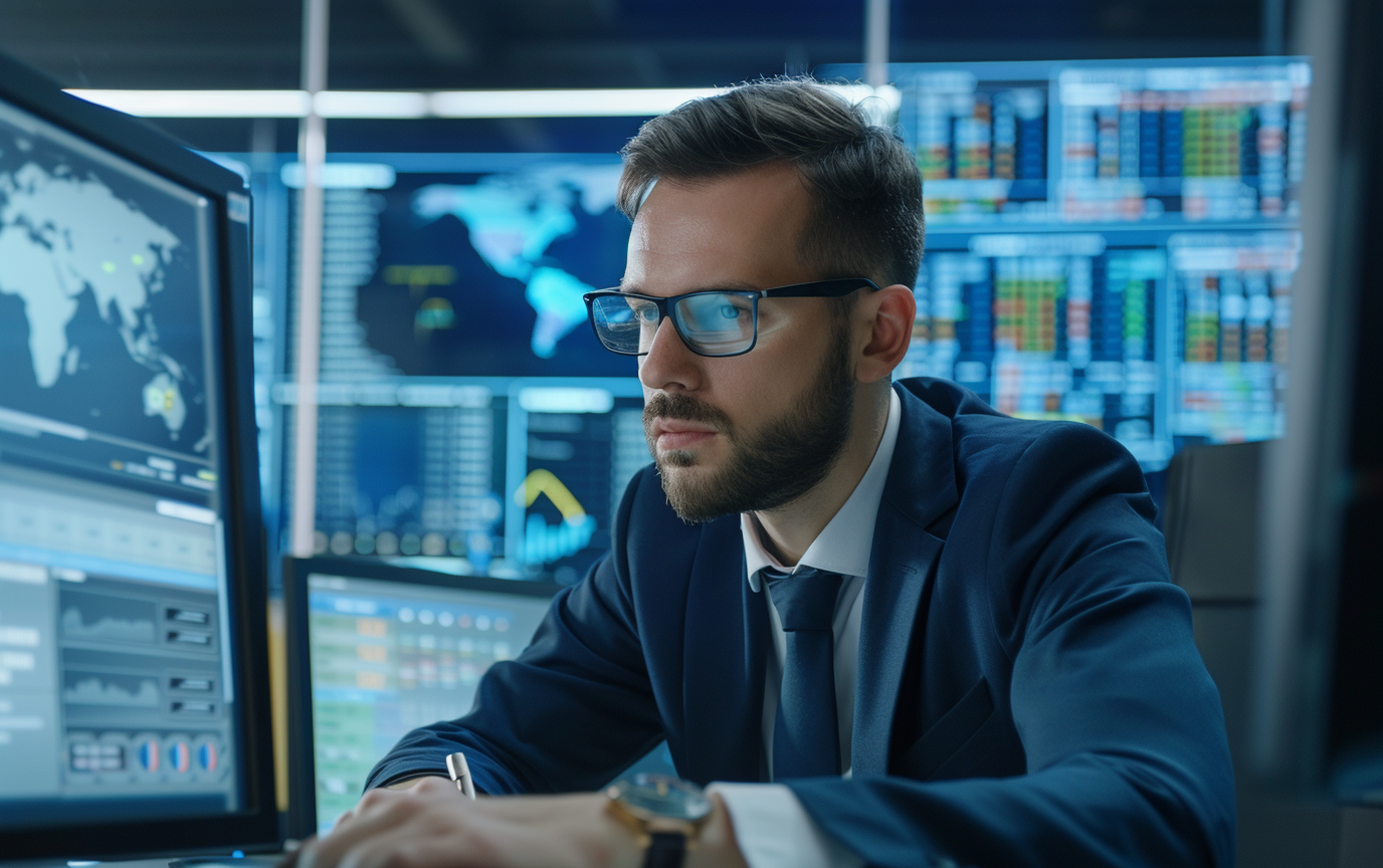 Financial analyst reviewing data in modern bank office