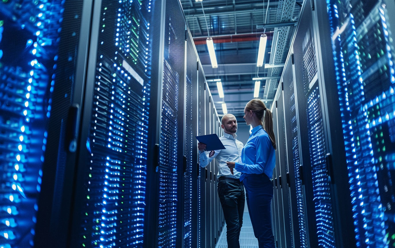 IT team in modern data center with server racks
